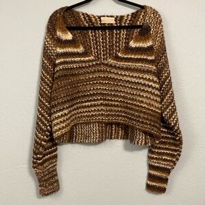 Urban Outfitters Womens Size XS Cropped Striped Brown White V-Neck Knit Sweater